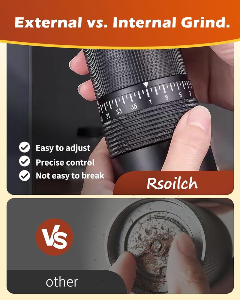 Rsoilch مطحنة قهوة يدوية مع مطحنة فولاذية مقاومة للصدأ - 1.12 أونصة مطحنة محمولة للإسبريسو، التنقيط، الفرنش بريس، مع 35 إعداد قابل للتعديل وهادئ (أسود) - Image 4